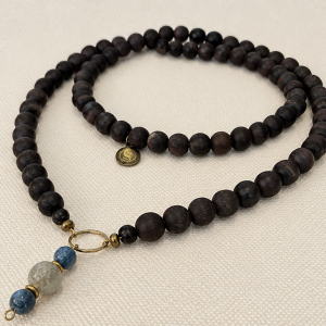 Men's long necklace of labradorite, kyanite and black ebony wood beads