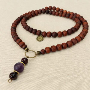 Long neclace of amethyst, garnet and brown bayong wooden beads