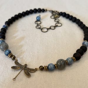 Bronze Dragonfly adjustable length choker with Labradorite, Kyanite and Ebony beads