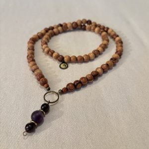 Long Necklace of light brown Olive wood, Amethyst and Garnet beads