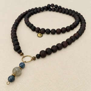 Long necklace of black ebony wood prayer beads, labdradorite and kyanite beads